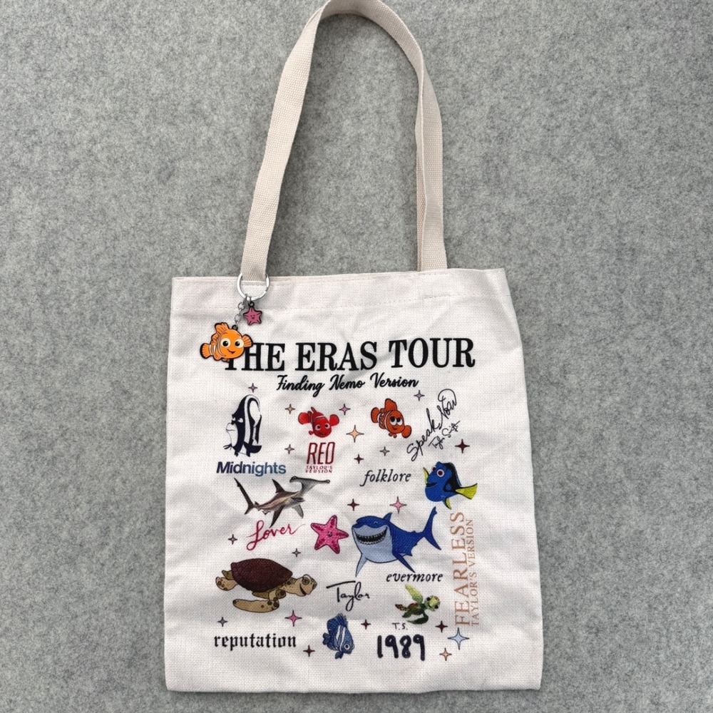 Eras Tour Finding Nemo Tote Bag Cream Canvas Fan Art Music Movie Mashup Bag